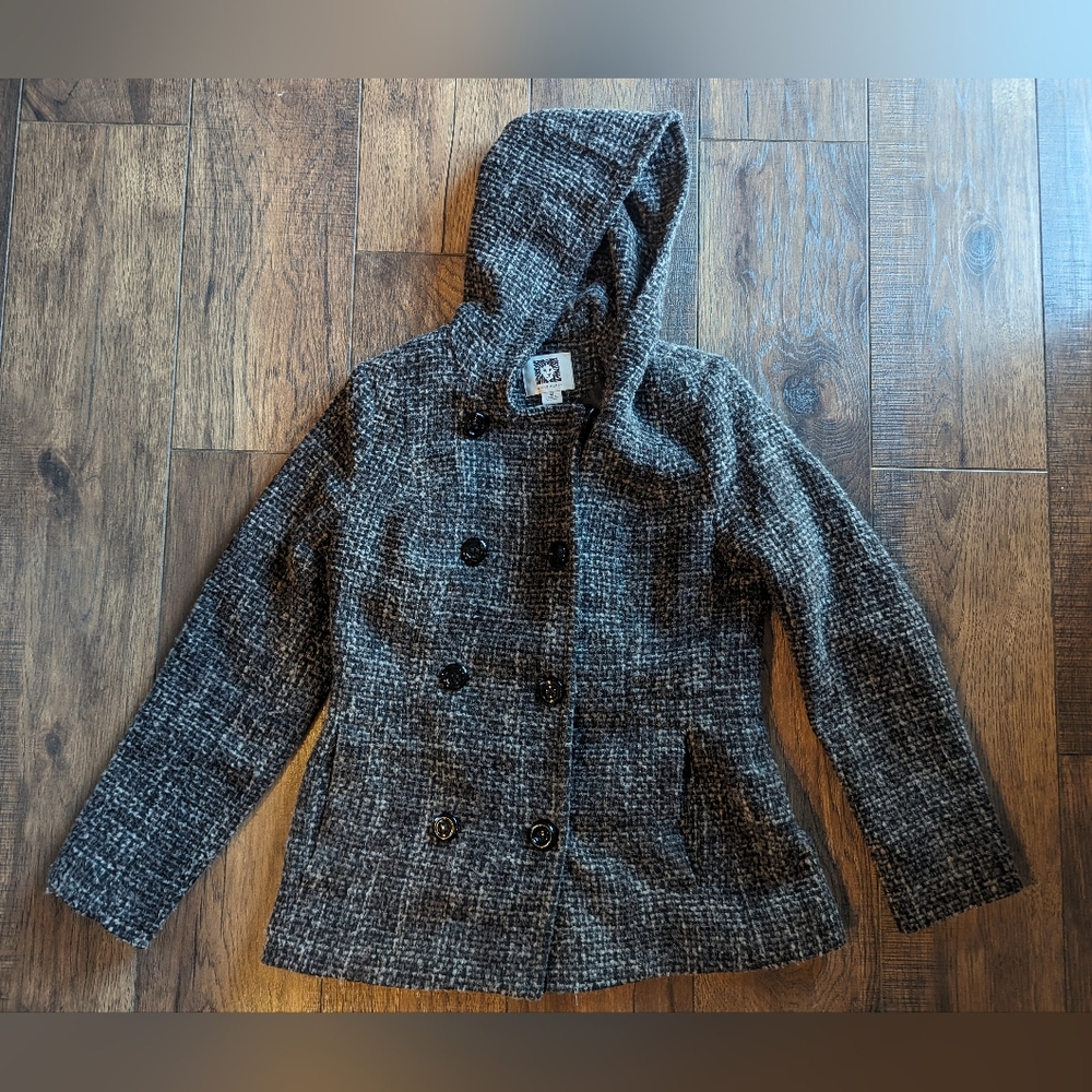 Anne Klein Womens Double Breasted Button Coat Hooded Wool Blend Black & Gray Med